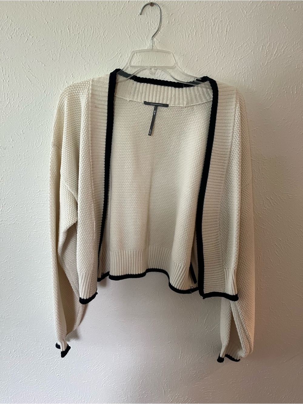 Anthropologie Cream Open-Front Cardigan with Black Trim